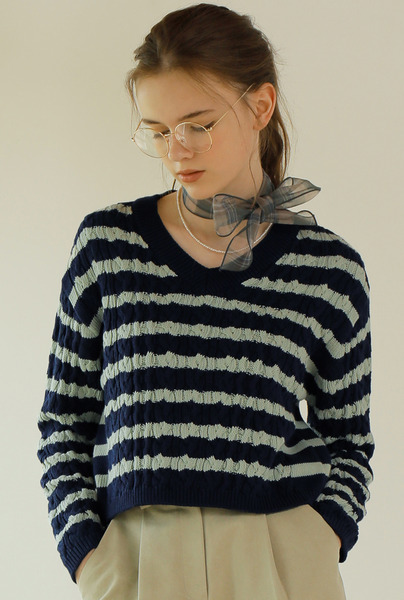A STRIPE CABLE KNIT_NAVY