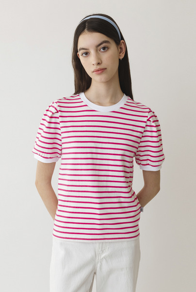 A STRIPE PUFF SLEEVE T_PINK