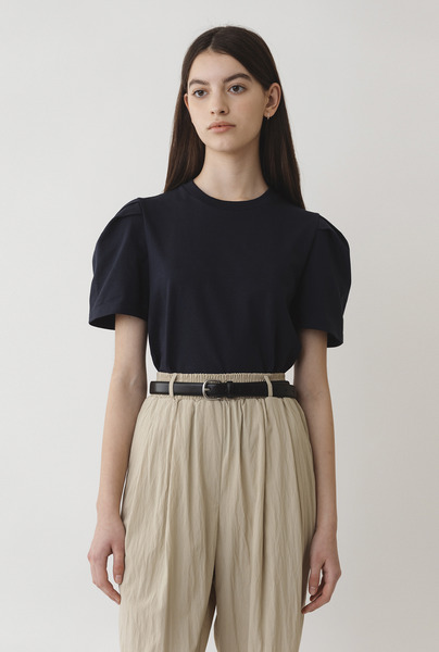 A SOLID PUFF SLEEVE T_NAVY
